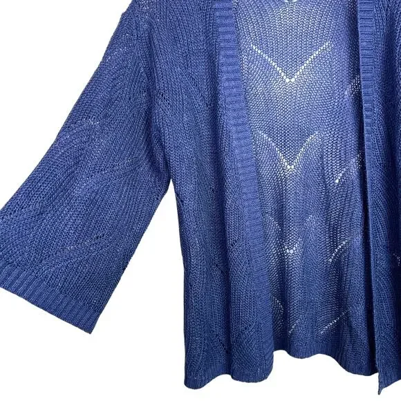 Sundance Linen Blend Open Knit Cardigan Chevron Blue Relaxed Boho in Blue W's Sm - Picture 3 of 7